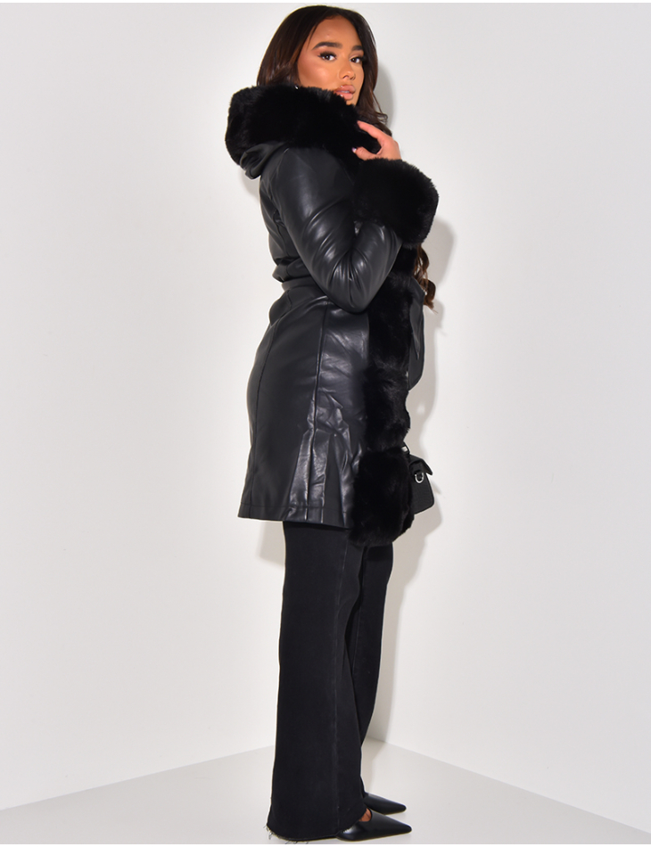 Faux leather coat with faux fur trim