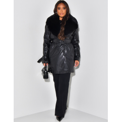 Veste mi-longue en similicuir à col fourrure Veste mi-longue en similicuir à col fourrure