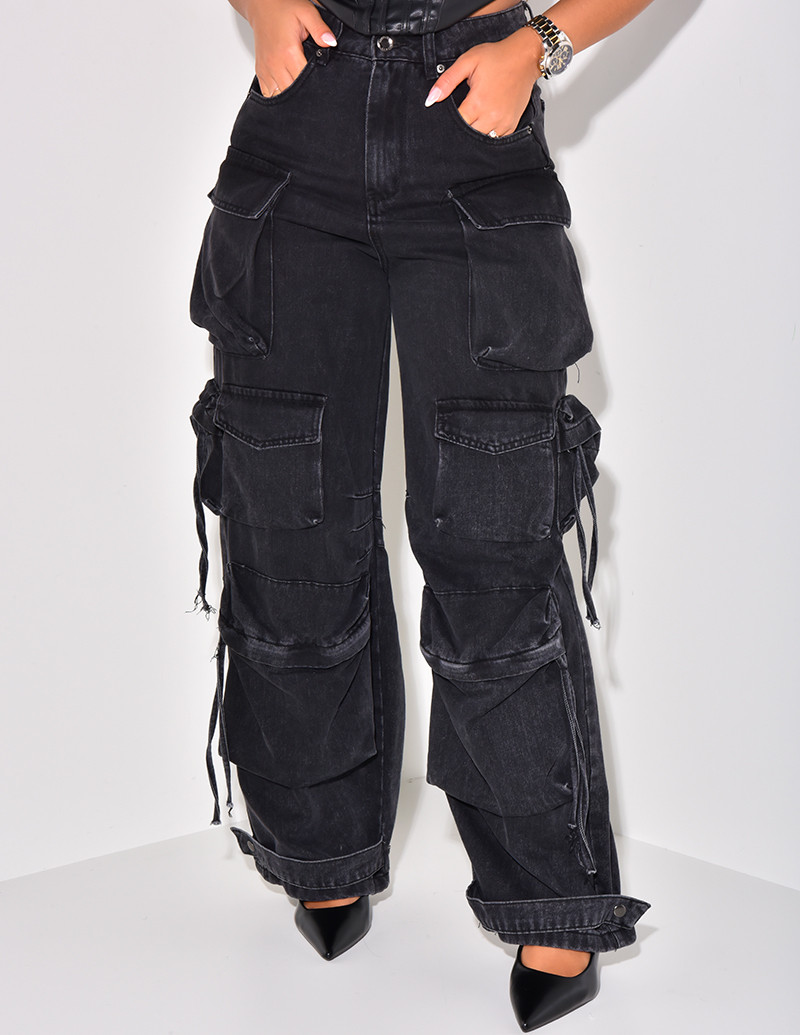 Jeans cargo oversize à multipoches & lacets