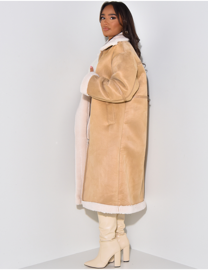 Manteau aviateur long en suédine à doublure peau de mouton Manteau aviateur long en suédine à doublure peau de mouton