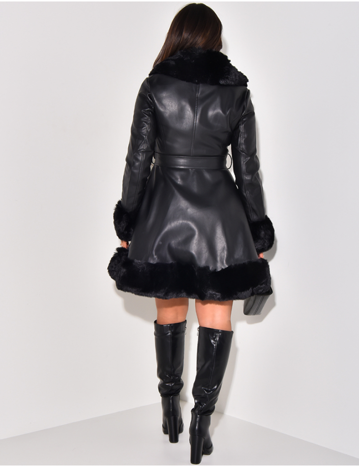 Mid-length coat in faux leather with fur trim Mid-length coat in faux leather with fur trim