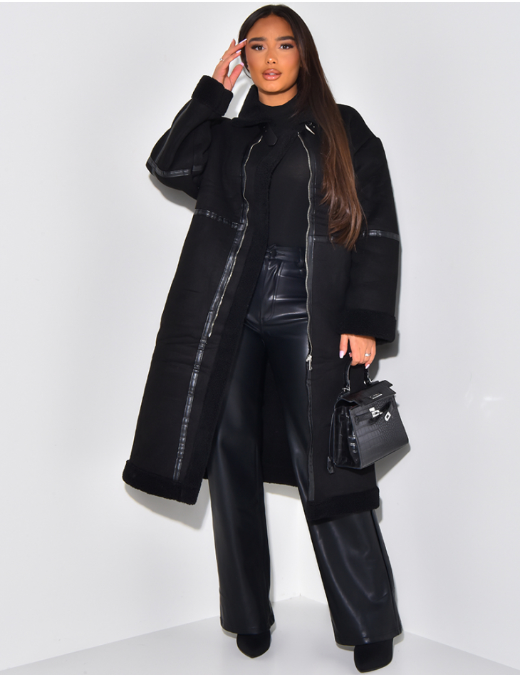 Long suedette aviator coat with sheepskin lining