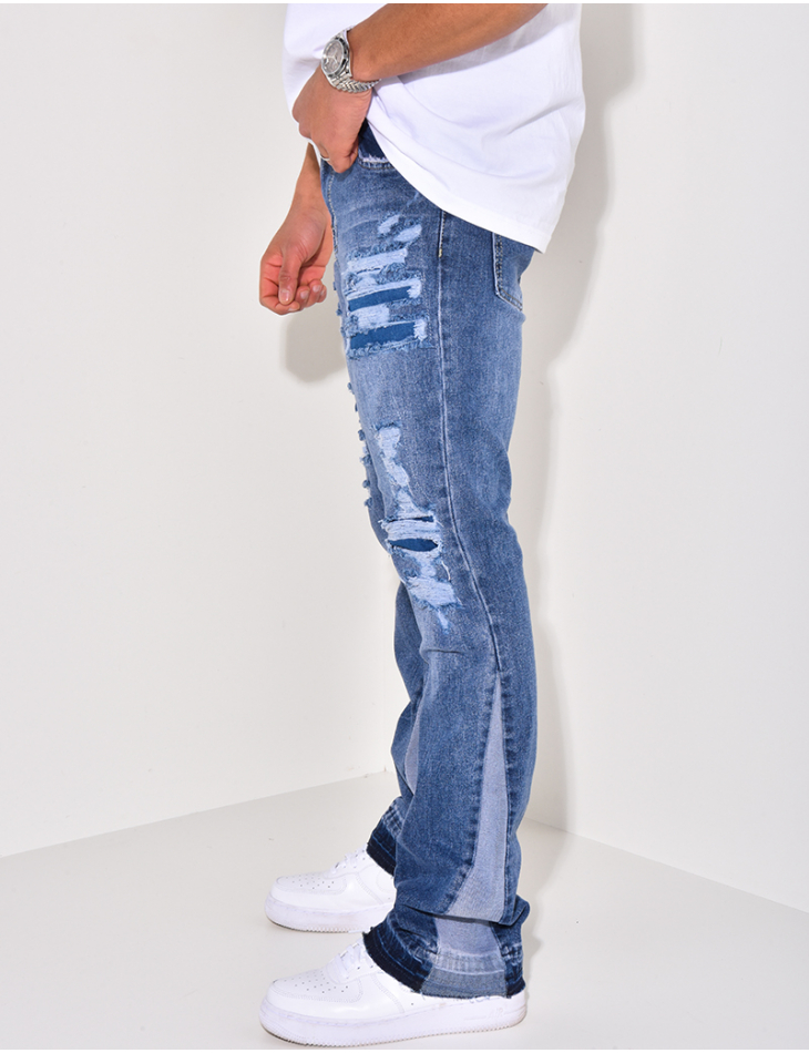 Jeans destroy à empiècements, évasé aux chevilles Jeans destroy à empiècements, évasé aux chevilles