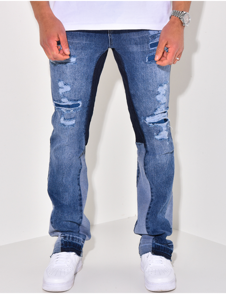Jeans destroy à empiècements, évasé aux chevilles Jeans destroy à empiècements, évasé aux chevilles