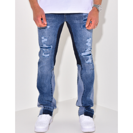 Jeans destroy à empiècements, évasé aux chevilles Jeans destroy à empiècements, évasé aux chevilles