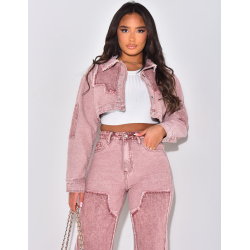 Veste courte en jeans effet délavé à empiècements contrastants Veste courte en jeans effet délavé à empiècements contrastants