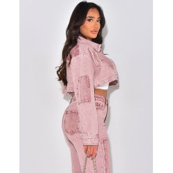 Veste courte en jeans effet délavé à empiècements contrastants Veste courte en jeans effet délavé à empiècements contrastants