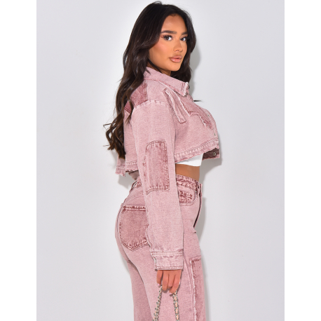 Veste courte en jeans effet délavé à empiècements contrastants Veste courte en jeans effet délavé à empiècements contrastants
