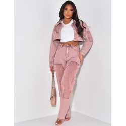 Veste courte en jeans effet délavé à empiècements contrastants Veste courte en jeans effet délavé à empiècements contrastants