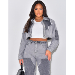 Veste courte en jeans effet délavé à empiècements contrastants Veste courte en jeans effet délavé à empiècements contrastants