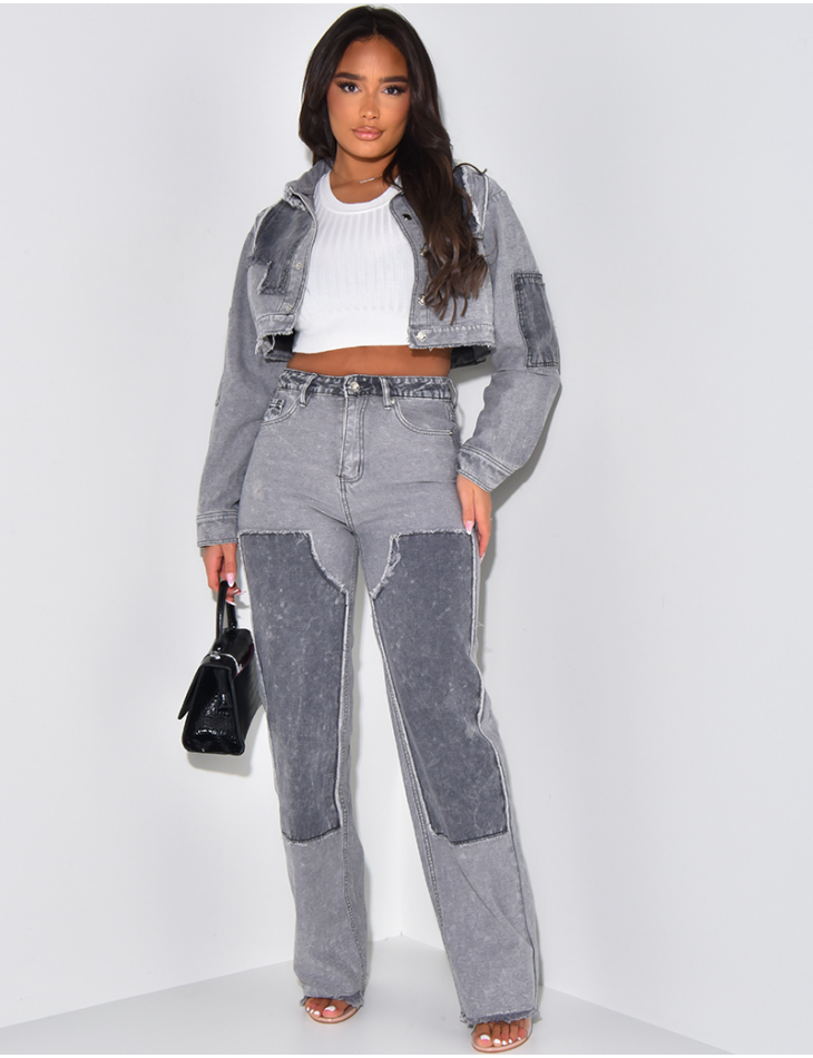Veste courte en jeans effet délavé à empiècements contrastants Veste courte en jeans effet délavé à empiècements contrastants