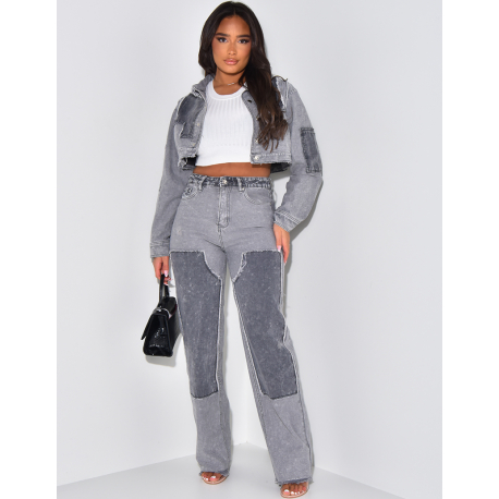 Veste courte en jeans effet délavé à empiècements contrastants Veste courte en jeans effet délavé à empiècements contrastants