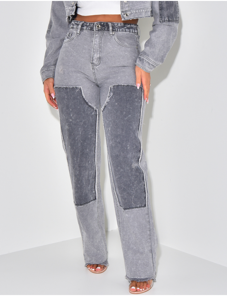Washed straight-leg jeans with contrasting inserts Washed straight-leg jeans with contrasting inserts