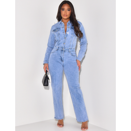 Straight-cut jumpsuit in faded stretchy jeans