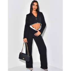 Ensemble blazer court et pantalon à bordures contrastantes