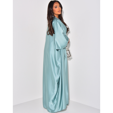 Set aus Kimono und lockerem Satinkleid mit Bindeärmeln