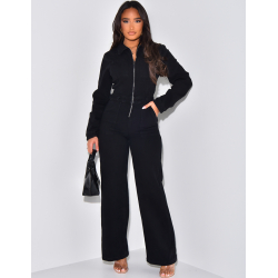 Wide-leg denim jumpsuit with cinched waistband