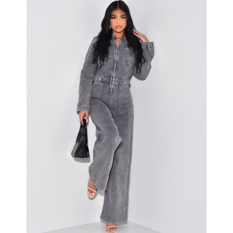 Wide-leg denim jumpsuit with cinched waistband