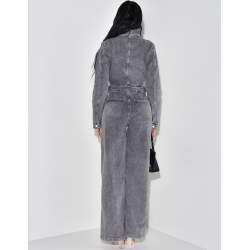 Wide-leg denim jumpsuit with cinched waistband