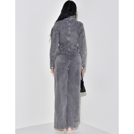 Wide-leg denim jumpsuit with cinched waistband