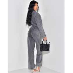 Wide-leg denim jumpsuit with cinched waistband