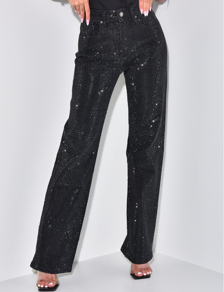 Black straight-leg jeans with rhinestones  Black straight-leg jeans with rhinestones