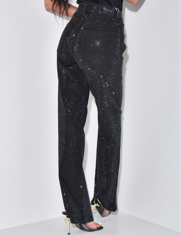Black straight-leg jeans with rhinestones  Black straight-leg jeans with rhinestones