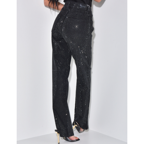Black straight-leg jeans with rhinestones  Black straight-leg jeans with rhinestones