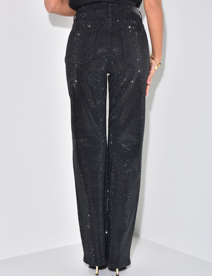 Black straight-leg jeans with rhinestones  Black straight-leg jeans with rhinestones