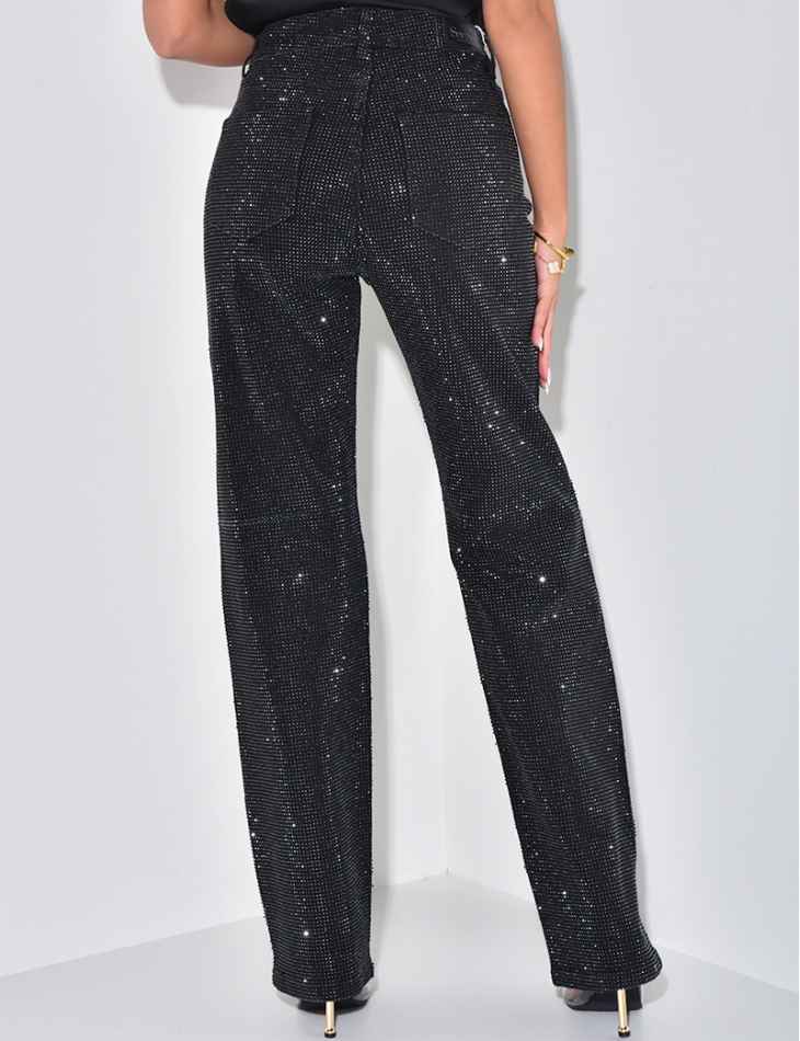 Black straight-leg jeans with rhinestones  Black straight-leg jeans with rhinestones