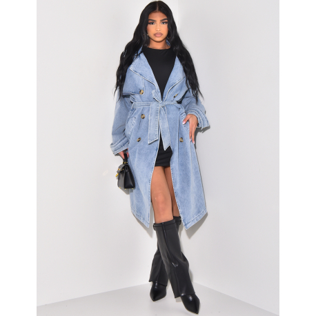 Trench oversize en jeans délavé à ceinture à la taille Trench oversize en jeans délavé à ceinture à la taille