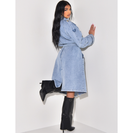 Trench oversize en jeans délavé à ceinture à la taille Trench oversize en jeans délavé à ceinture à la taille