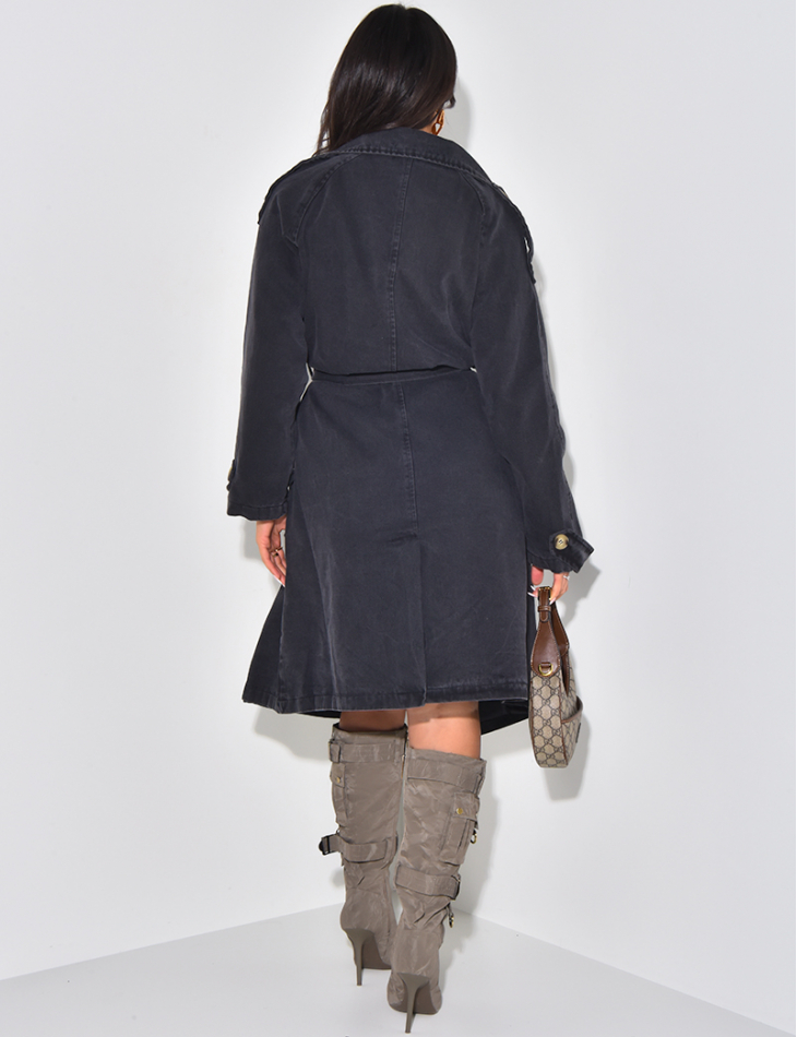 Oversized washed denim trench coat with waist belt Oversized washed denim trench coat with waist belt