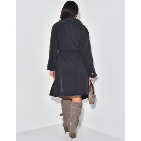 Oversized washed denim trench coat with waist belt Oversized washed denim trench coat with waist belt
