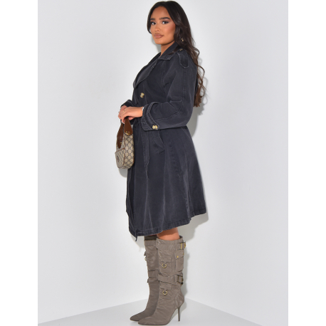 Oversized washed denim trench coat with waist belt Oversized washed denim trench coat with waist belt