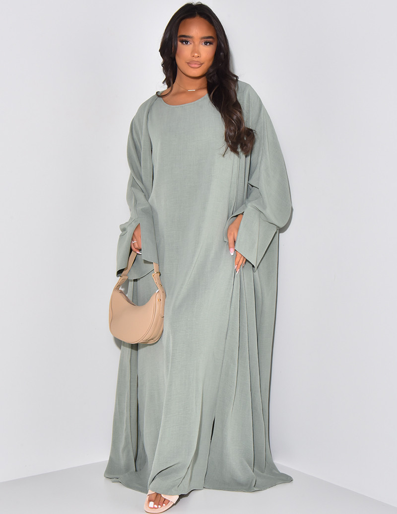 Ensemble robe sans manche et kimono effet lin