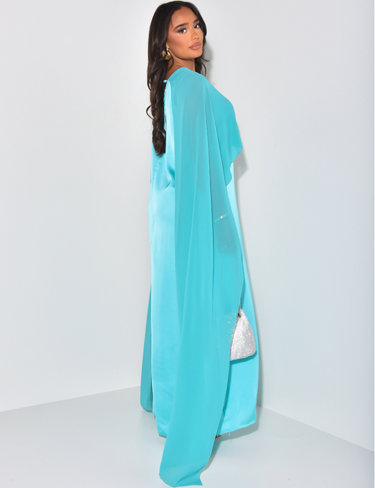 Ärmelloses langes Kleid aus Satin mit Schleier am Kragen