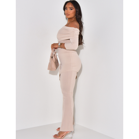 Textured trousers and asymmetric boat-neck top set Textured trousers and asymmetric boat-neck top set