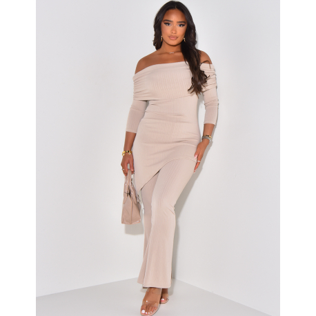 Textured trousers and asymmetric boat-neck top set Textured trousers and asymmetric boat-neck top set