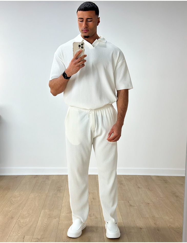 Ensemble pantalon et t-shirt col chemise côtelé Ensemble pantalon et t-shirt col chemise côtelé