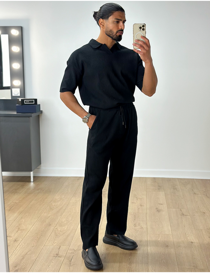 Ensemble pantalon et t-shirt col chemise côtelé Ensemble pantalon et t-shirt col chemise côtelé