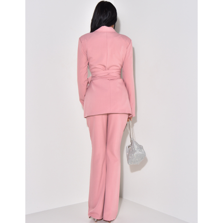 Suit with wide belt and linen-effect flared pants