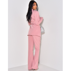 Suit with wide belt and linen-effect flared pants