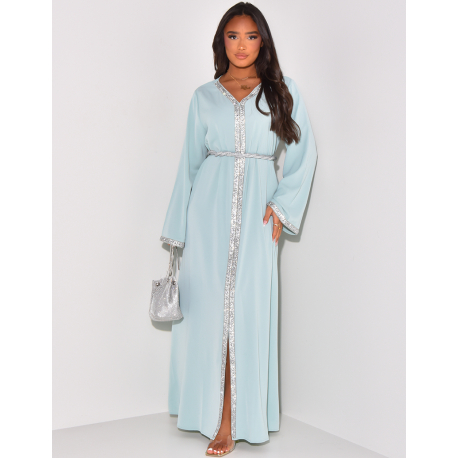 V-neck abaya with silver rhinestones & belt