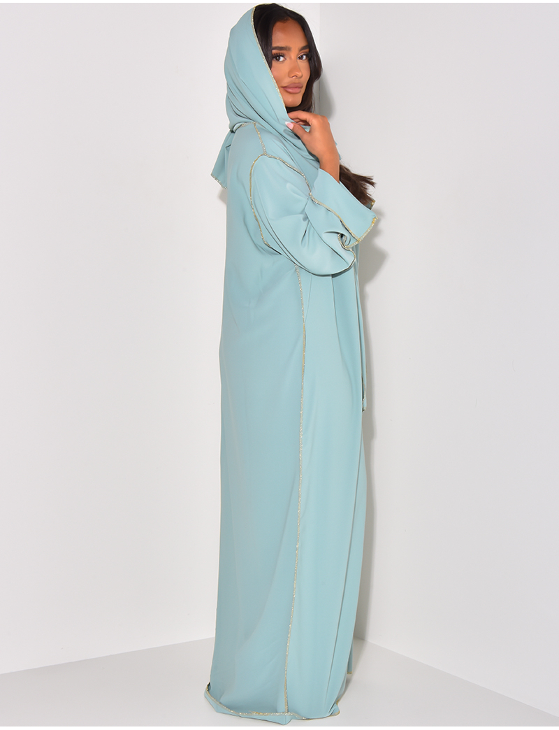 Abaya dress with integrated veil and contrasting gold stitching