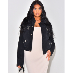 Veste en jeans style bombers à poches zippées