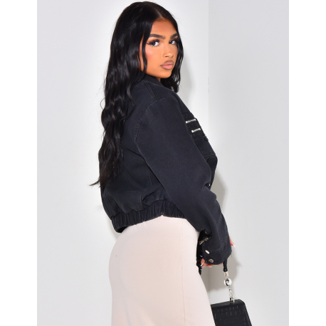 Veste en jeans style bombers à poches zippées