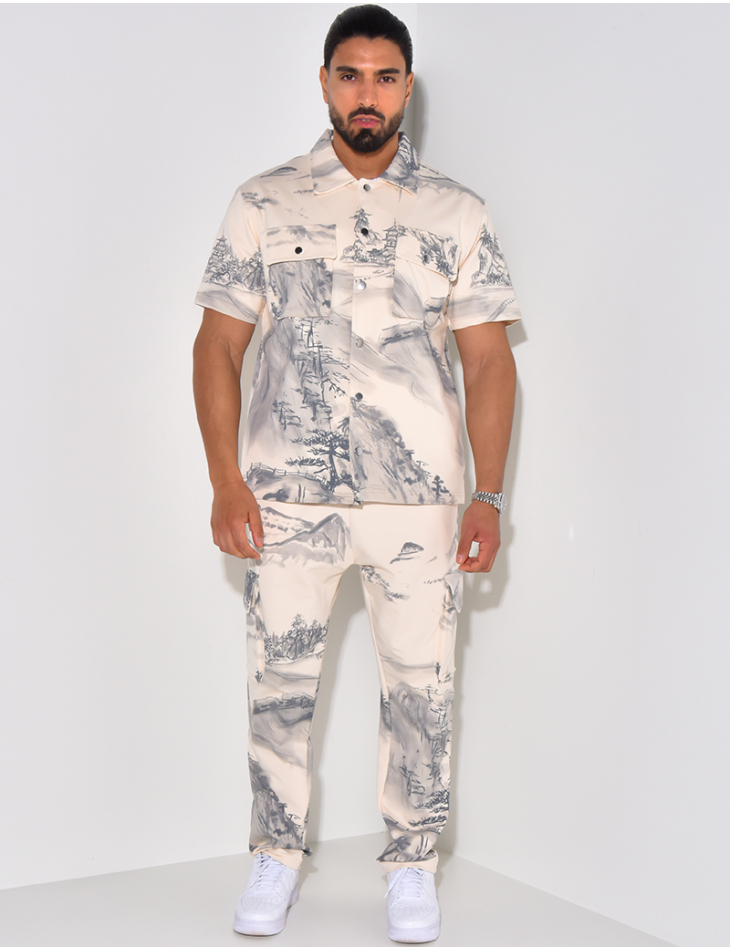 Ensemble pantalon et chemise manche courtes à motifs paysages Ensemble pantalon et chemise manche courtes à motifs paysages