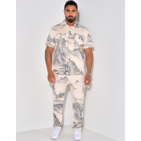 Ensemble pantalon et chemise manche courtes à motifs paysages Ensemble pantalon et chemise manche courtes à motifs paysages