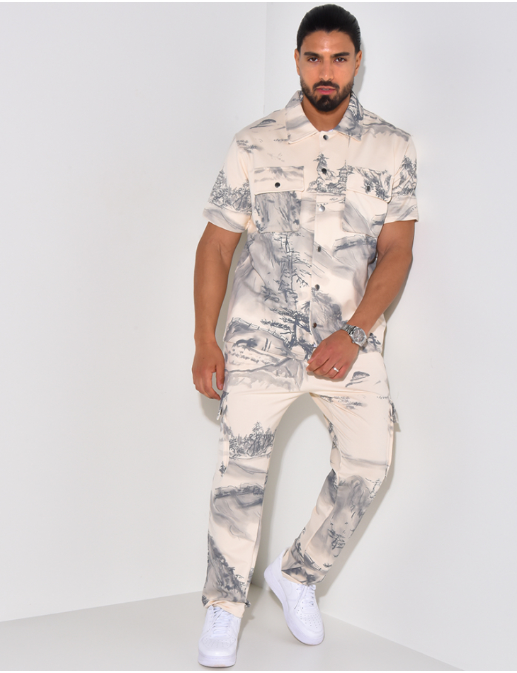 Ensemble pantalon et chemise manche courtes à motifs paysages Ensemble pantalon et chemise manche courtes à motifs paysages